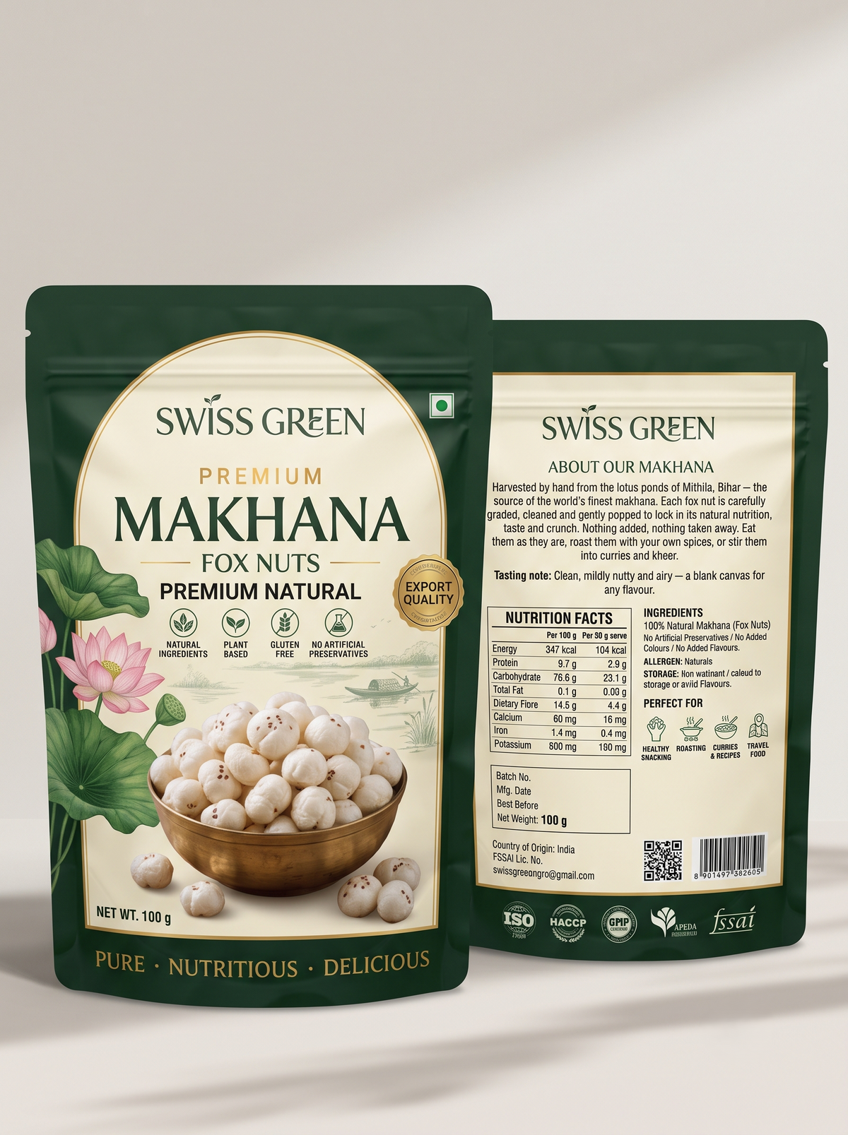 Swiss Green Premium Natural Makhana (Fox Nuts) — Hand-Picked Mithila Makhana